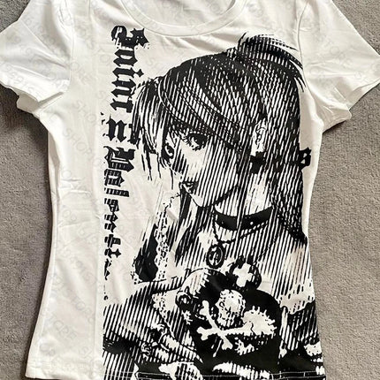 ropa de mujer Y2k anime Streetwear O-neck Text Print Tops Women Harajuku Clothes Vintage Crop Tee Aesthetic Casual T-shirt
