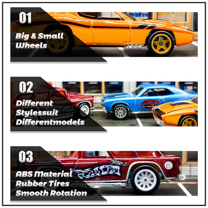 1/64 Front Small and Rear Big Wheels with Detachable Rubber Tires Circular Spoke Refitting Parts for Hotwheels Model Cars 5 Cars