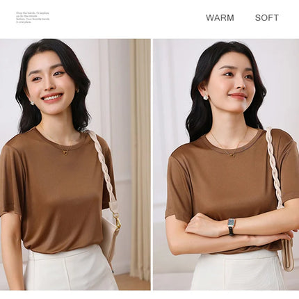 Summer Women's Short Sleeve O-Neck T-Shirt Knitted Acetate Fabric High-End Thin Pullover Top for Ladies