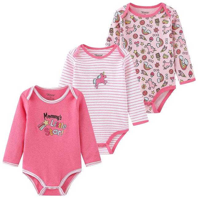 Kiddiezoom 3 Pcs Newborn Cartoon Long Sleeve 100% Cotton Baby Boy Girl Bodysuit Soft Infant Onesies Clothes