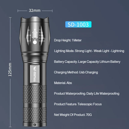 Portable LED Flashlight High Bright Mini Usb Rechargeable Light Telescopic Zoom 3Levels Light for Outdoor Camping Hiking Use