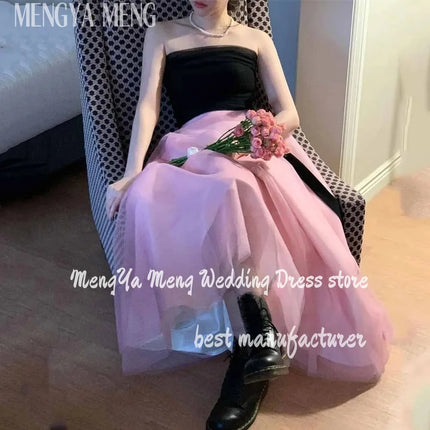 Simple Black And Pink Korea Evening Party Dresses A Line Strapless Wedding Photos Shoot Sleeveless Backless Corset Prom Dress