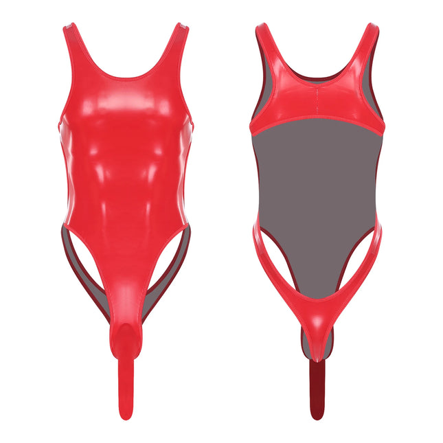 Mens Sexy Patent Leather Backless Tank Leotard Wet Look Sleeveless Sheath Bulge Pouch High Cut Bodysuit for Nightclub Pole Dance