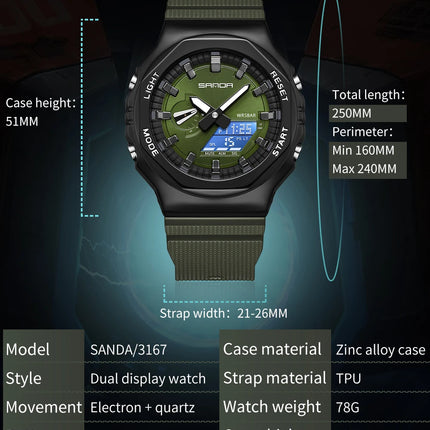 SANDA 3167 Top New Style Men's Casual Military Outdoor Sport Wrist Watch Quartz 50M Waterproof Fashion Dual Display Men's Watch