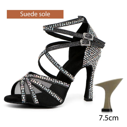 DKZSYIM Rhinestone Women Latin Dance Shoes Latin Salsa Girl Dancing Shoes Black Shiny Ballroom Dance Shoes For Girls Ladies