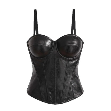 PU Leather Fishbone Strapless Bralette Tank Top Women's Sexy Slim Fit Summer Innerwear Outerwear Waist Cinching Bandeau