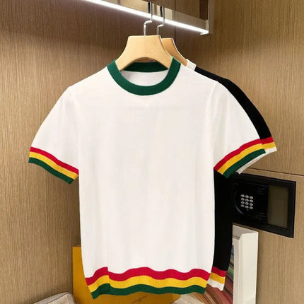 Summer Men Knitted T-shirts O'neck Short Sleeve Rainbow Patchwork Tops