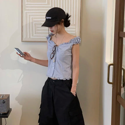 Korean Sle ort Striped Vest Women Summer Outerwear Subtle Design Single Button Lobone Trendy Age-Defng Top