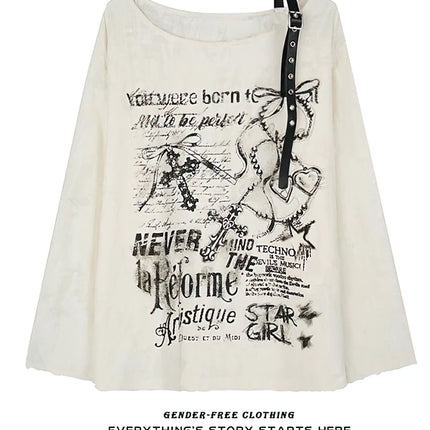 Vintage Y2K Oversize Off shoulder T shirt With Print Women Ripped Top Hole Long sleeve Baggy Basic T shirt Pulovers Ladies Tops