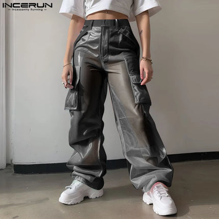 INCERUN 2025 Men Pants Mesh Gradient Button Oversize Pockets Straight Trousers Men Joggers Streetwear Joggers Fashion Long Pants