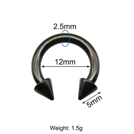 1Pc Large Gauge Black Stainelss Steel Horseshoe Ring with Spike Circular Barbell Piercing Nose Rings Cone Piercing Septum Rings