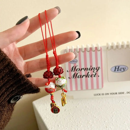 Sweet Cartoon Maneki Neko Key Chain Ceramic Ornament Lucky Cat Phone Charm Fortune Phone Lanyard Lucky Cat Phone Strap Girls