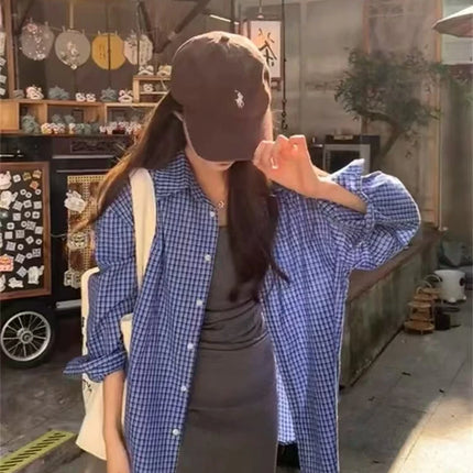 Blue Plaid Casual Sle Women's irt Jaet Loose Fit Autumn Outerwear Open Cardigan Top Seasonal Collection  Collar