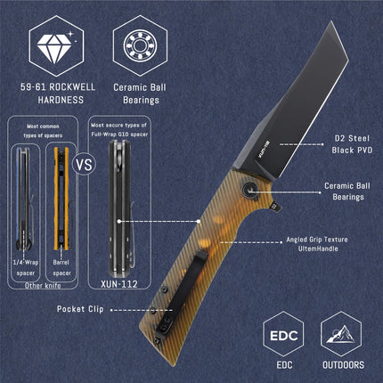 Shooziz Folding Pocket Knife,3.55" D2 Tanto Blade EDC Knife with Flipper ,Camp Tool Gift for Outdoor Men,XUN112
