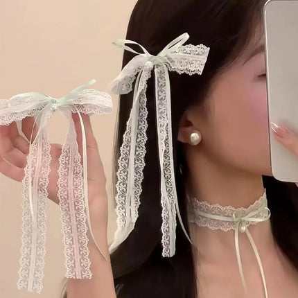 Fashion Y2K Lace Cream White Bow Ribbon Hair Clip for Women Hairpins Bullet Style Side Shredded Hairpin Headpiece Clip Headwear