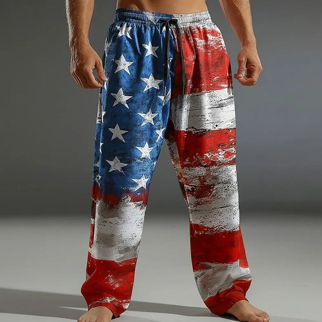Men's US Flag Patriotic Anniversary Trousers Baggy Pants Casual Pants Mid Waist Fashion Casual Outdoor Elastic Drawstring Waist