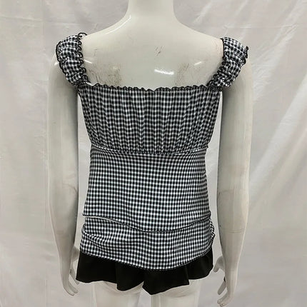Summer Women's Sweet Gingham Ruffle Camisole Black And White Plaid Sleeveless Tank Top Y2K Aesthetic Casual Streetwear  2025 New