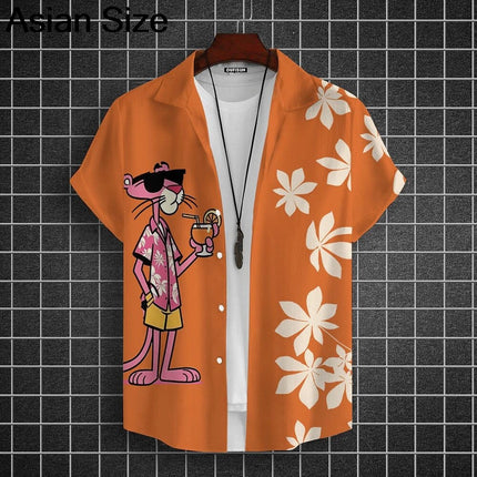 Cartoon Leopard Graphic Men Short Sleeve Lapel Shirt Tops Unisex Pink Button-Down Hawaiian Shirts Summer Daily Female Blouses