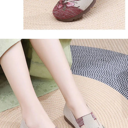 Women's Summer 2025 Breathable Soft-Soled Non-Slip Leisure Mesh Embroidered Flats