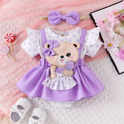 Pudcoco Baby Girls 2Pcs Summer Outfits Short Sleeve bear Embroidery Romper with Headband Set Newborn Clothes 0-18M