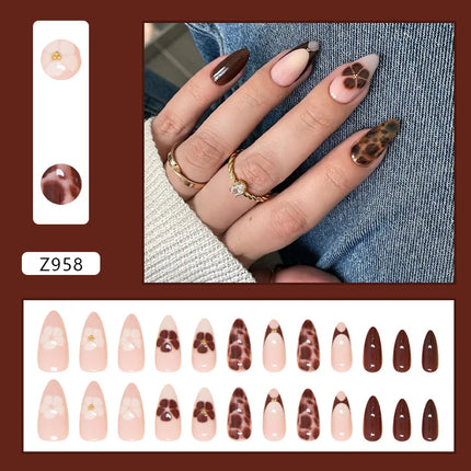 Dark Brown Flowers 24 Pcs Press-on Nails Pink Nail Polish Glossy Artificial Finger Manicure Reusable False Nails