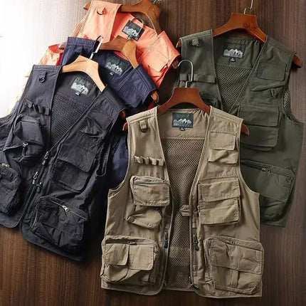 Summer Men's Casual Vest Solid Color Multi-pocket Mesh Patchwork Breathable Sleeveless Vest Camping Fishing Photography Vest Top