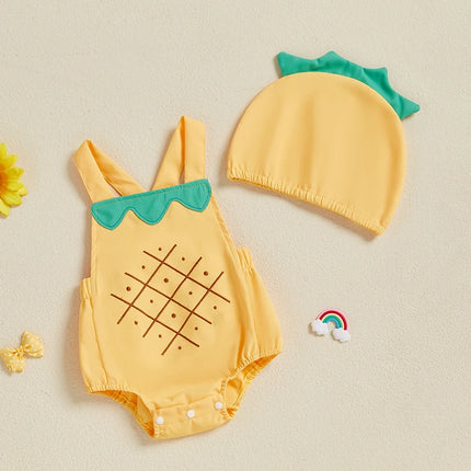 Pudcoco Infant Newborn Baby Summer Outfit, Sleeveless Fruit Overalls Romper with Hat 2-piece Outfit for Boys Girls 0-18M