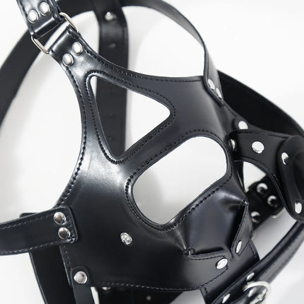 Adult Sex Products Reinforced Harness Type Gag Mask with Collar and Facial Mask Open Mouth Bondage Restraint Leather Hood