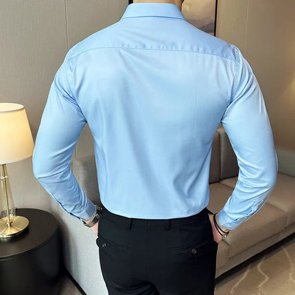 Seamless silk business casual shirt, long sleeved white non ironing elastic silk sliding cross shirt, men's formal wear