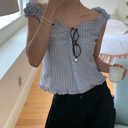 Korean Sle ort Striped Vest Women Summer Outerwear Subtle Design Single Button Lobone Trendy Age-Defng Top