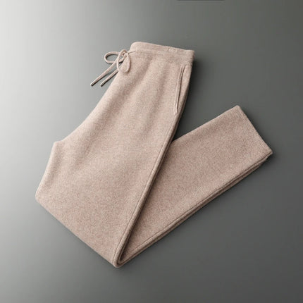Autumn Winter Thick Men's High Waist Small Foot Pants 100% Merino Wool Knitted Pants Casual Fashion Solid Color Warm Pants