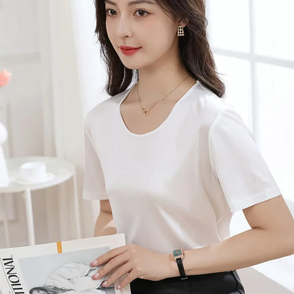 Summer High-End Women's Short Sleeve T-Shirt Acetate Fabric Knitted European Style Thin Hot Selling Top for Ladies