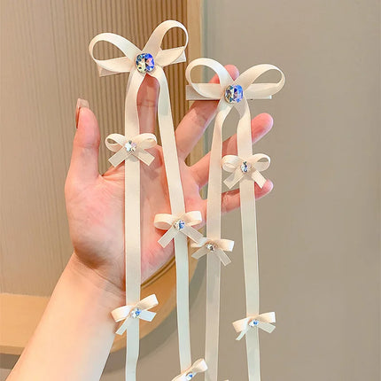 2PCS/Set Long Ribbon Bow Hair Clips for Girl Shiny Rhinestone Braided Hairband Sweet Baby Tassel Headdress Kids Hair Accessories
