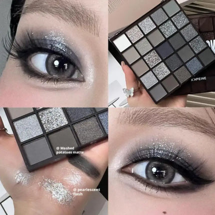 25 Colors Black Grey Smokey Eyeshadow Palette, Matte Black White Gray Silver Smoky Eye Shadow, Black Eyeshadow Makeup Goth Look