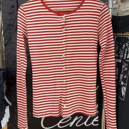 Pink Striped Slim Long Sleeve Tees Women Spring Casual Cotton O-neck Tshirt New Tops Clothes Sweet Cute  Vintage T-shirts Y2K