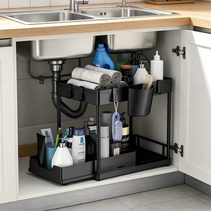 2Tier Under Sink Organizer Sliding Cabinet Basket Pull Out Kitchen Storage Rack with Hooks Bathroom Shelf Multifunctional Holder