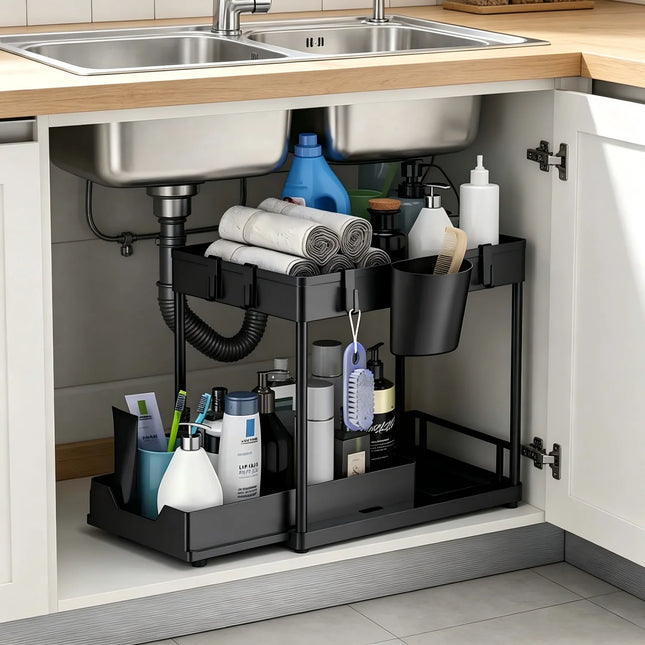 2Tier Under Sink Organizer Sliding Cabinet Basket Pull Out Kitchen Storage Rack with Hooks Bathroom Shelf Multifunctional Holder