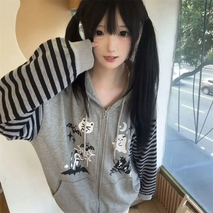 Cat Ear Hooded Sweatshirts Jackets Women Clothing Y2k Tops Patchwork Striped Anime Hoodie Ropa Mujer Casual Fashion Hoodies Coat