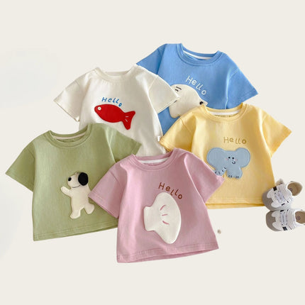 2026 New Summer Kids Clothes Cute Cartoon Patch Short Sleeve T-shirt 0-5Y Girls Boys Letter Print Casual Soft Undershirt
