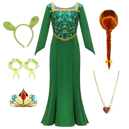Kids Fiona Green Princess Dress Girls Halloween Carnival Cosplay Long Sleeved Outfits Children Charm Birthday Party Clothing