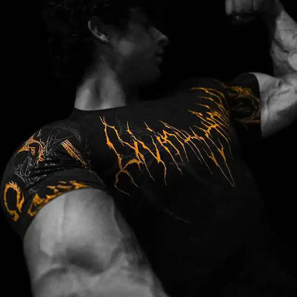 GYM T-shirt Men's Dark Gothic Print Muscle Tee  High Elasticity And Quick Drying Exercise For Bodybuilding Training 2025 Summer