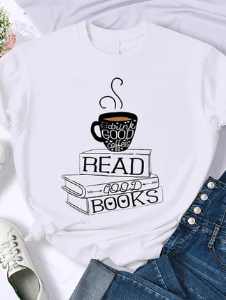Coffee Books Brown books American retro T-shirt woman round neck half sleeve T-shirt printed T-shirt top woman oversized