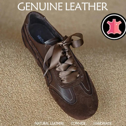 Suede Retro Lace Up Casual Flat Shoes Women Comfort Shallow Autumn Footwear Female Brown Genuine Leather Ballet Sneakers Women