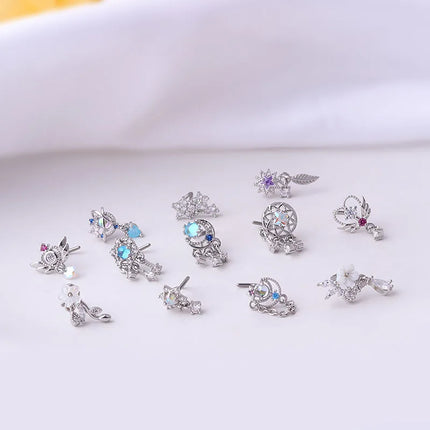 1Piece Fashion L Shaped Dangle Nose Studs Piercing 20G Stainless Steel Flower Moon Tassels Zircon Nostril Screw Piercing Jewelry