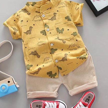 Infant and toddler summer full print small dinosaur pattern short sleeved shorts set, outdoor standing collar shirt, fashionable