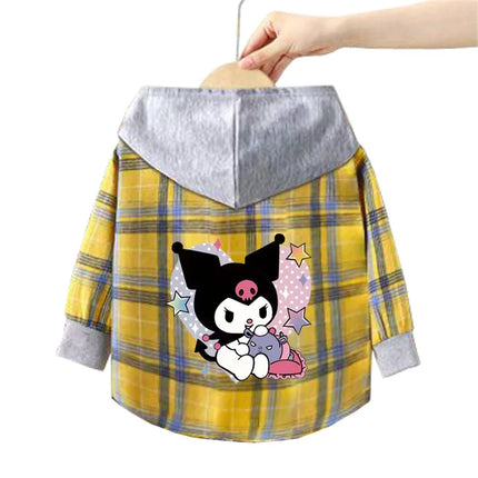 Spring and Autumn Children's Sanrio Cinnamoroll Shirts 1-12 Year Girls Checkered Hooded Blouse Fashion Cartoon Shirt Sweater