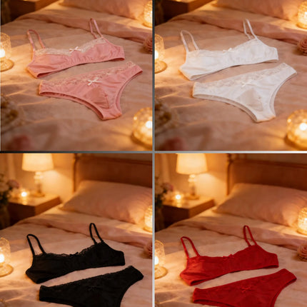 1 Set of 2 Pieces Underwear Set:Men's erotic cross-dressing bowknot lace underwear set, lace panties & bra combination set