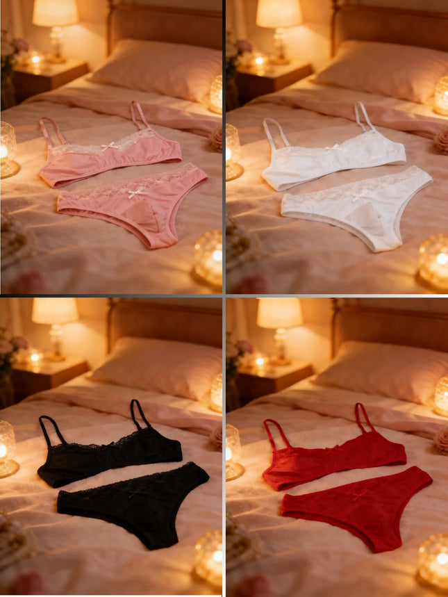 1 Set of 2 Pieces Underwear Set: Men's erotic cross-dressing bowknot lace underwear set, lace panties & bra combination set
