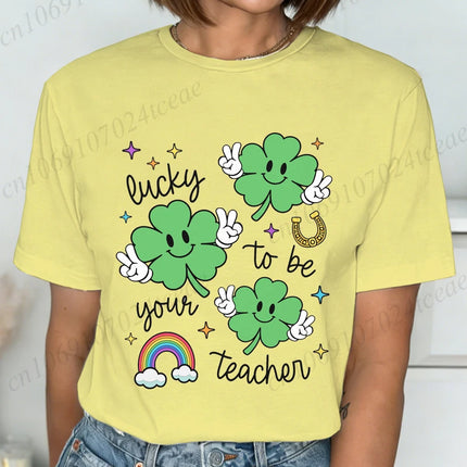 St Patrick's Day Teacher Shirt, Lucky Teacher Women's T-Shirts，Retro T-Shirts，unisex Tops Tees,short Sleeve Women's Clothing