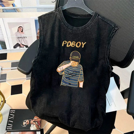 Personalized pure cotton printed retro washed American T-shirt summer vest men s sleeveless loose clothing high quality